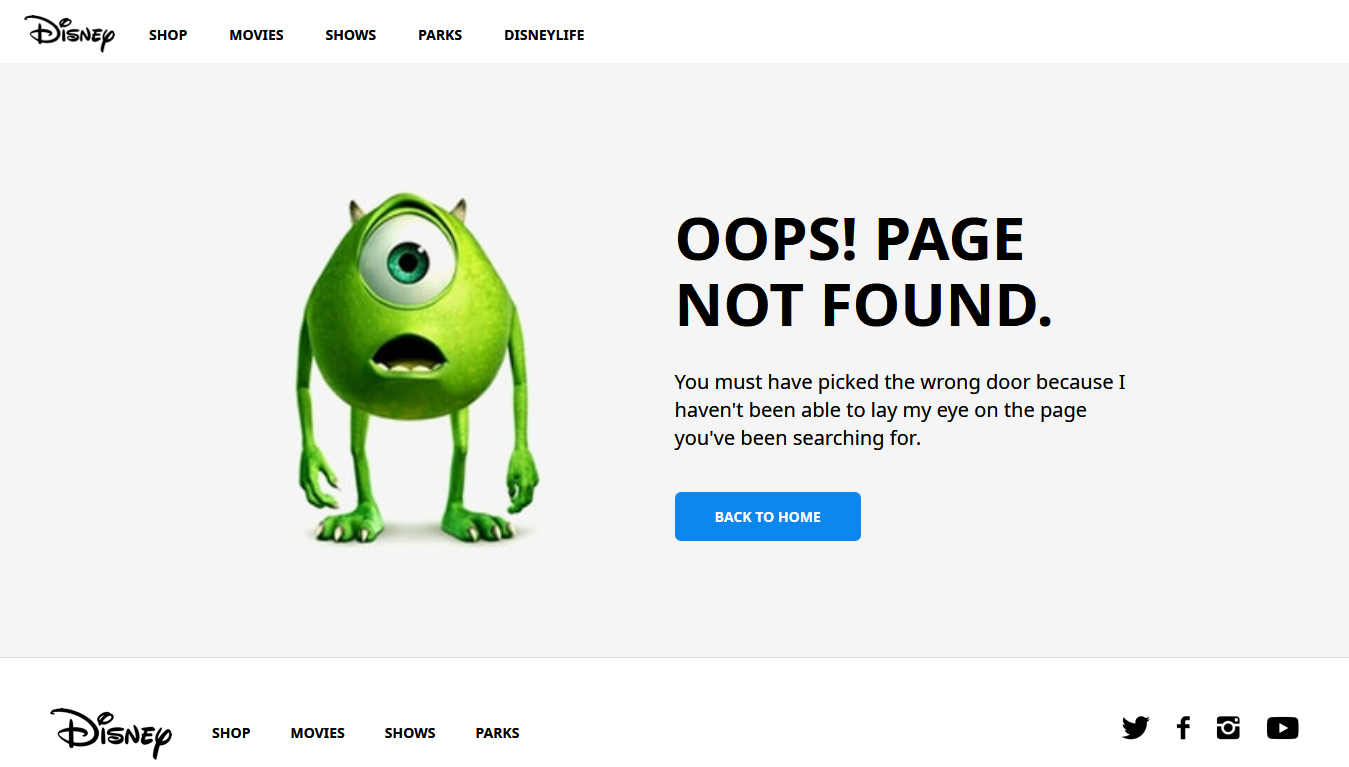 pagina 404 error not found della Disney con il mostro protagonista di monsters and co